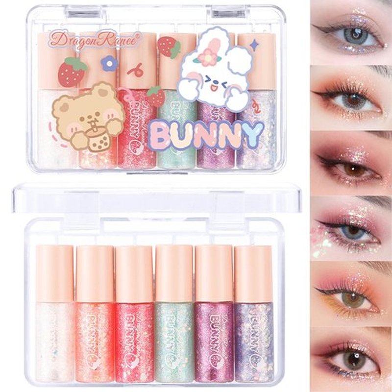 MooGlamor 6 Pcs Liquid Glitter Eyeshadow Set Colorful Eyeliner with Long-Lasting and Waterproof Shinning Eye Shadow Gift for Women Eye Makeup (Transparent Bear)