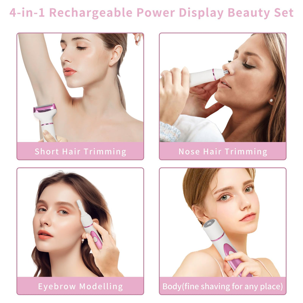 Beanify Electric Razor for Women Men with LED Display,4 in 1 Ladies Wet & Dry Body Razors and Facial Hair Remover, Rechargeable Hair Removal Kit for Nose Face Body Leg Bikini Arm Hair (Brown)