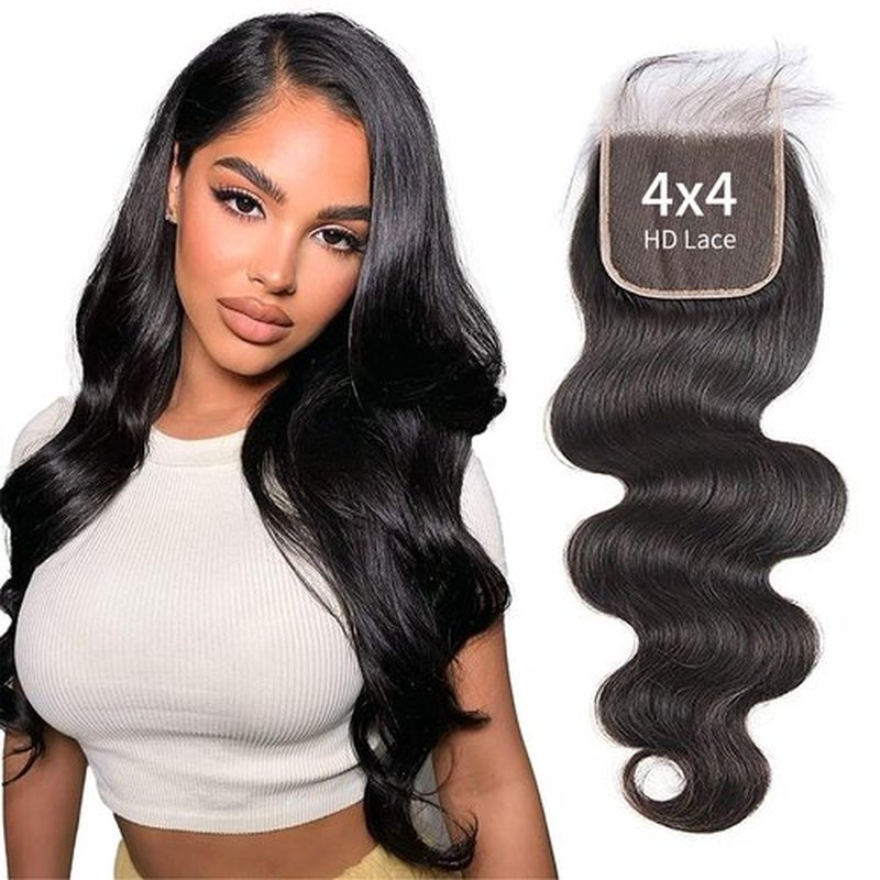 BALORIECA Real 4x4 HD lace closure Swiss Skinlike Front hd Lace 0.10mm hd lace with invisible knots,Body Wave raw human hair Nature black(20 Inch, Body Wave)
