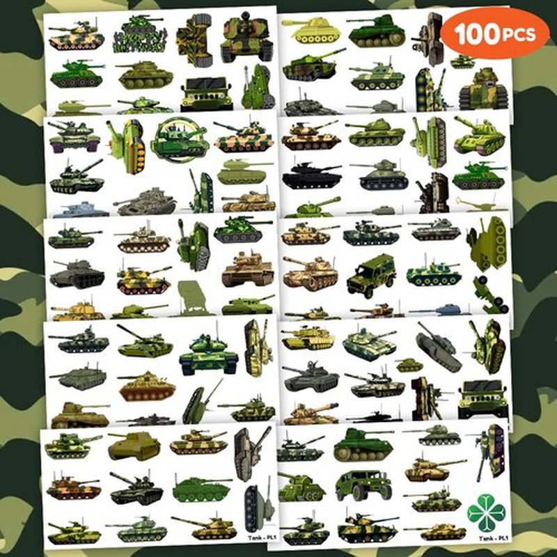 100 PCS Tank Military Temporary Tattoos Themed Birthday Party Decorations Favors Supplies Decor Army Camo Camouflage Soldier Tattoo Stickers Gifts For Game Boys Girls Classroom School Prizes Christmas