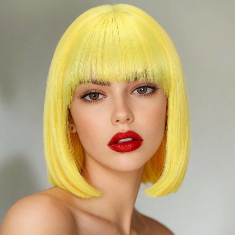 Yellow Short Bob Wig with Bangs, Synthetic Straight Hair Wigs for Women, 14 Inch Cosplay Costume Bob Wig (Yellow)