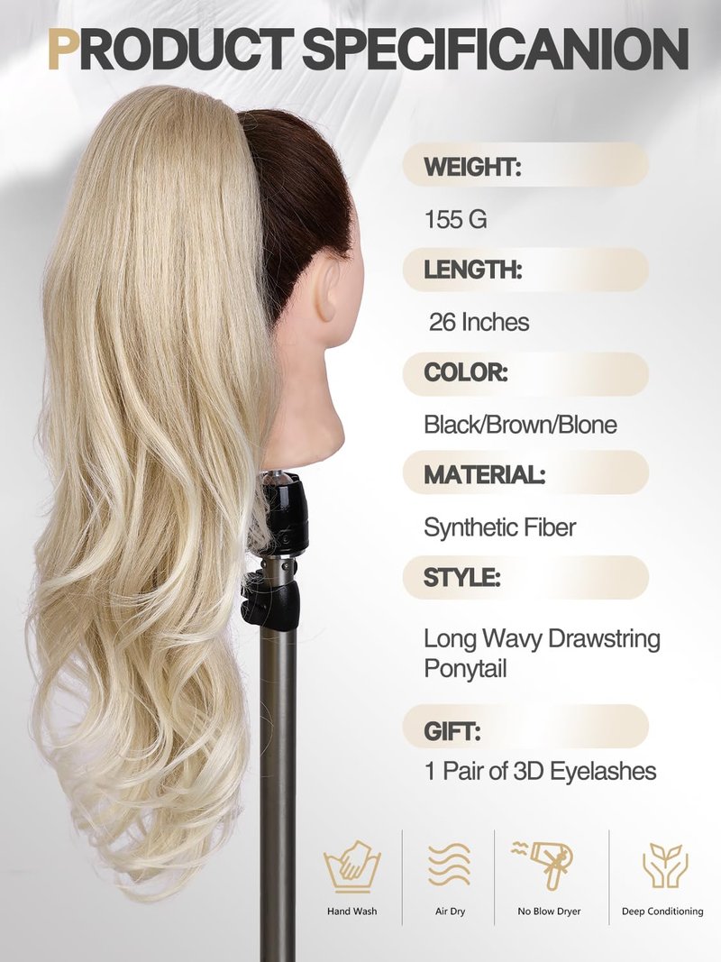 WIGER Ombre Blonde Ponytail Extension 26 Inch Drawstring Ponytail Extension for Women Long Wavy Layered Christmas Pony Tails Hair Extensions for Girls Daily Use