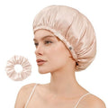 CoolMate Adjustable Satin Silk Bonnet for Sleeping Women, Tie Double Lined Silk Bonnet for Women Long Hair (Light Pink & Beige)