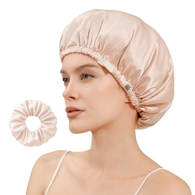 CoolMate Adjustable Satin Silk Bonnet for Sleeping Women, Tie Double Lined Silk Bonnet for Women Long Hair (Light Pink & Beige)