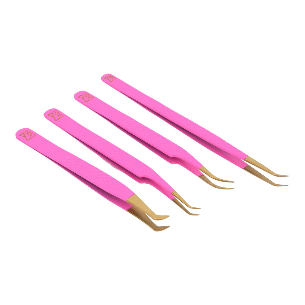 M LASH Tweezers for Eyelash Extensions (Set of 4) - Professional Lash Extension Tweezers - Fiber Tip, Japanese Steel, Diamond Grip Eyelash Extension Tweezer (Matte Black)