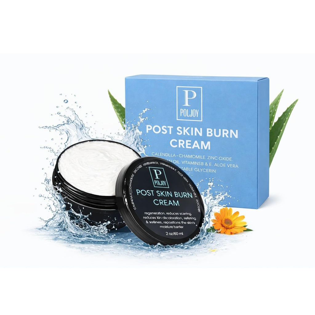 PolJoy Post Skin Burn Cream, Sunburn Cream for First Aid Treatment, Hydrates & Repairs Skin with Aloe Vera, Shea Butter, Zinc Oxide, Calendula, Coconut Oil & Vitamins B&E, Kitchen & Travel Use