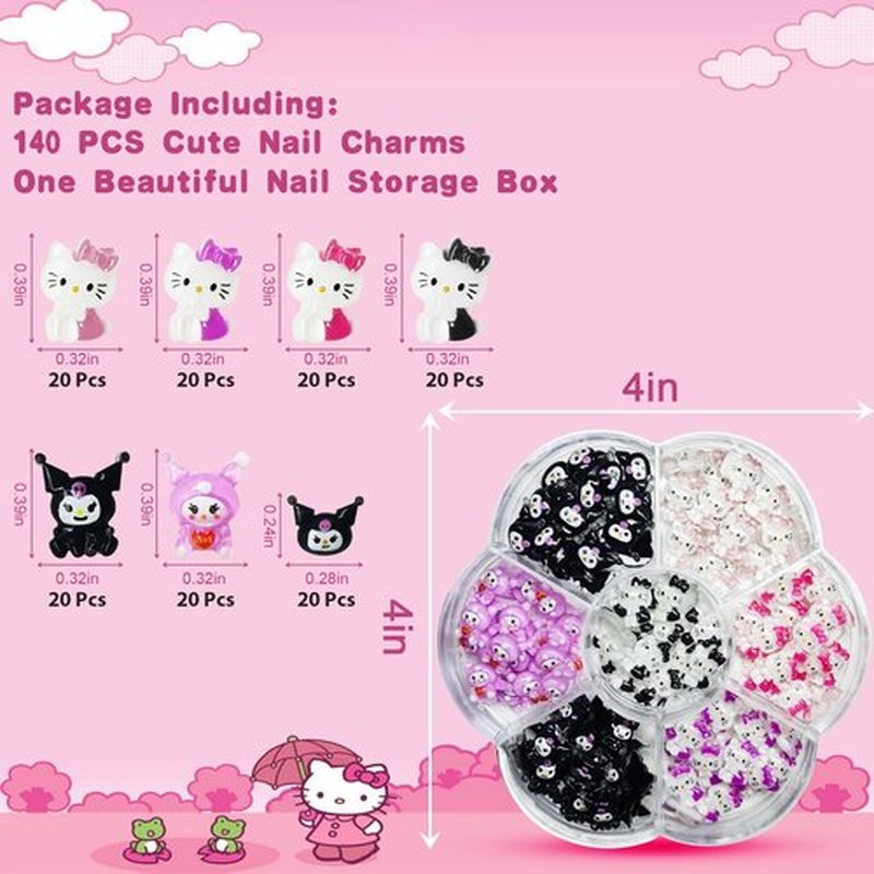 140 PCS Nail Charms, Kawaii 3D Nail Charms Cartoon Kitty Cute Charms for Nails Design, Acrylic Nail Supplies for DIY Nail Art Decorations