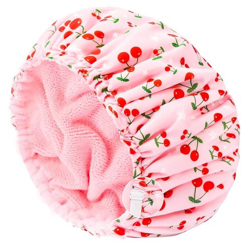 Skiennix Shower Cap - Terry Lined Waterproof Bath Cap for Long Thick Hair - Pink, Large Size