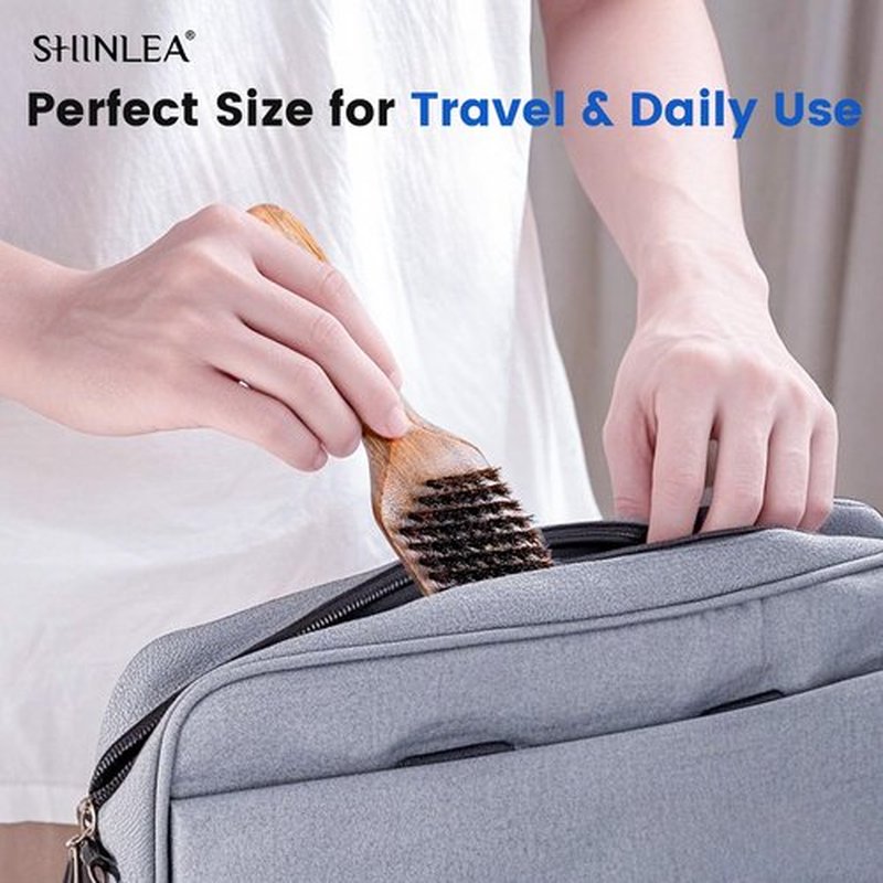 Boar Bristle Hair Brush for Men, Beard Brush with Wooden Handle for Beards Mustaches Grooming, and Soften Facial Hair, Slick Back Hair Brush for Thick & Fine Hair, Great Gift