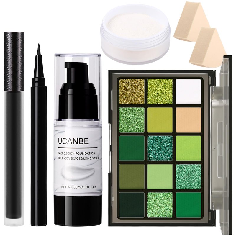 UCANBE Green Halloween Makeup Kit – Zombie Witch Beetle Juice Monster Makeup Set for SFX Costume Cosplay with Eyeshadow Palette, White Foundation, Black Lipstick,Eyeliner, Setting Powder & Sponges