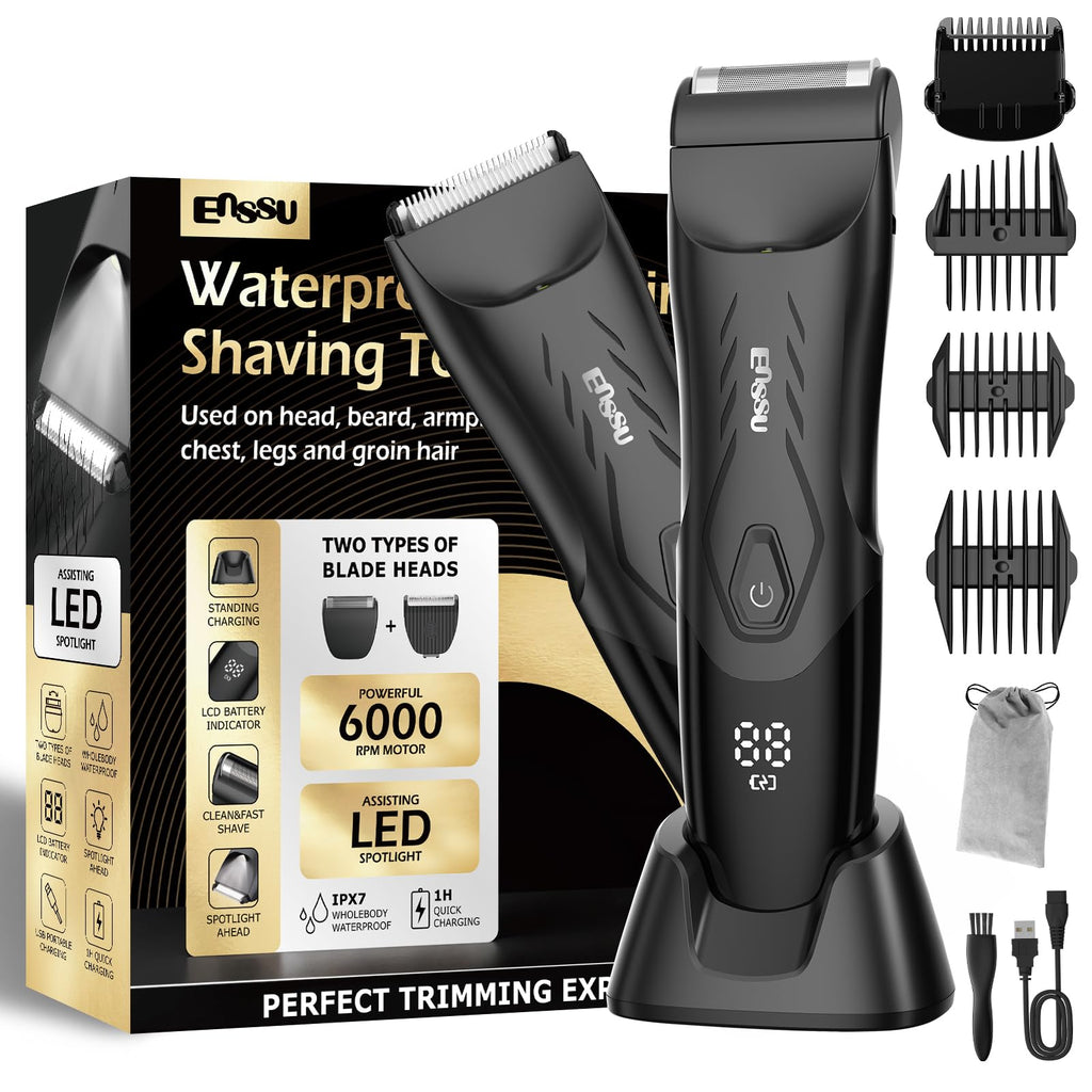 ENSSU Body Hair Trimmer for Men, Pubic Groin Hair Trimmer for Men with Safe Blade, Cordless Ball Shaver w/Light & Charging Dock, Waterproof Body Groomer for Man, LED Display &1H Quick Charge,Green