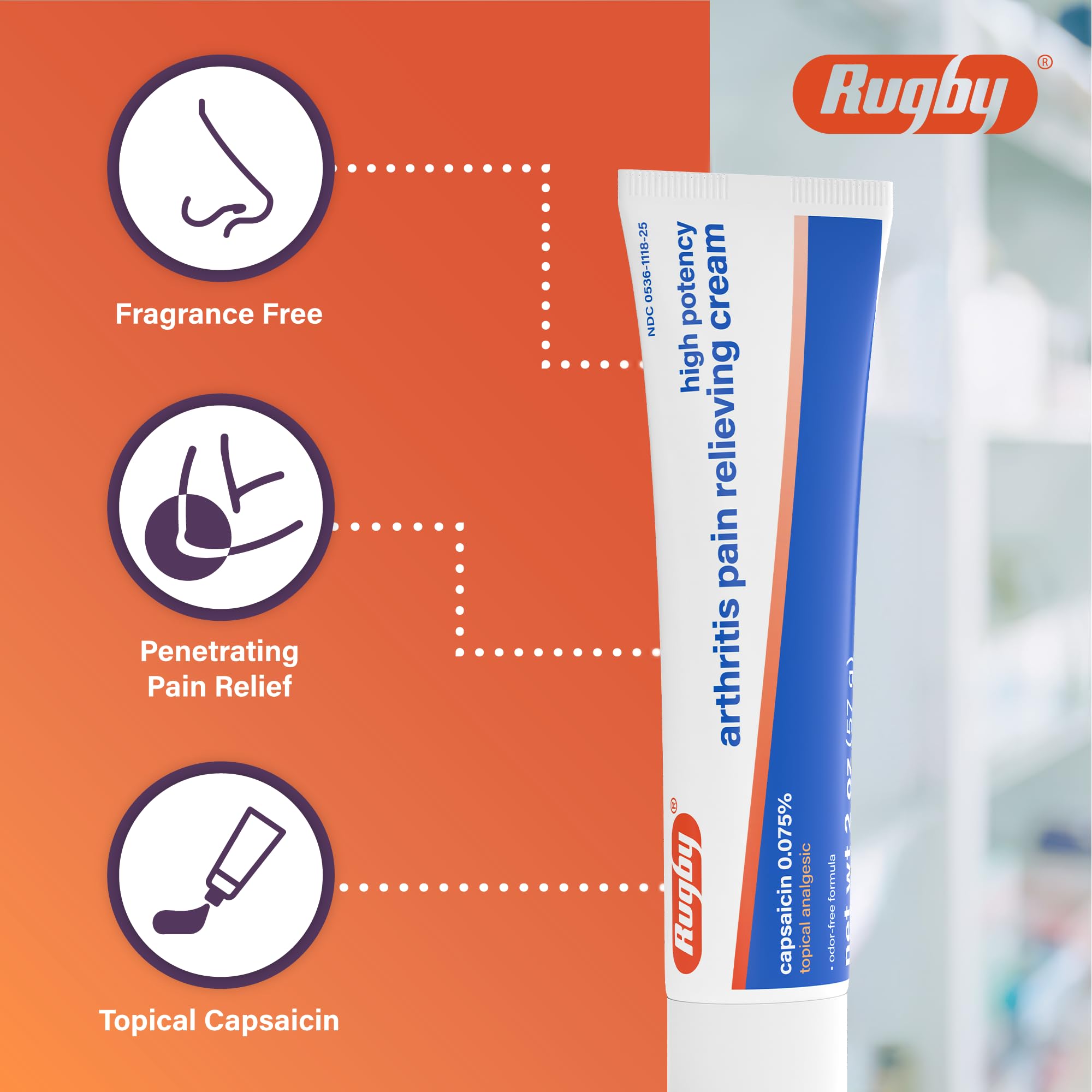 Rugby High Potency Capsaicin 0.075% Cream - Pain Relief Cream for Arthritis - 2 Oz (57g), (1 Pack)