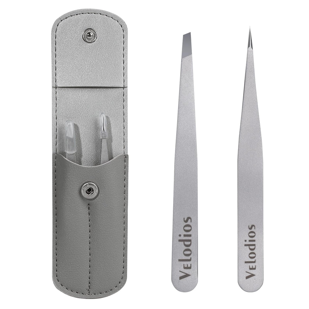 Velodios Tweezers for Eyebrows, Pointed Tweezers for Women Facial Hair, Ingrown Hair Removal, Slanted and Pointed Tip Tweezers Set with PU Travel Case, Premium Stainless Steel