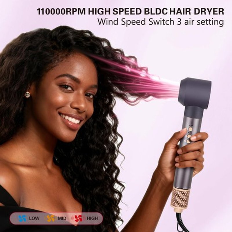 7 in 1 Hot Air Styler High Speed BLDC Motor 110000 RPM with Round Rrush Left/Right Auto Wrap Curler,Oval Brush,Straightening Brush Drying air Nozzle.1400W Hot Hair Brush with ALCI Safety Plug