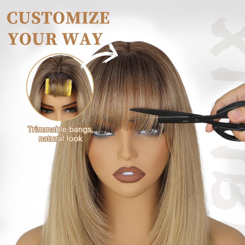 XIXIBI Blonde Wig with Bangs, 4x4 Realistic Scalp, Free Parting, Long Ombre Blonde Layered Wigs for Women, Realistic Natural Looking Heat Resistant Synthetic Wigs for Daily Party Cosplay Use 26Inch