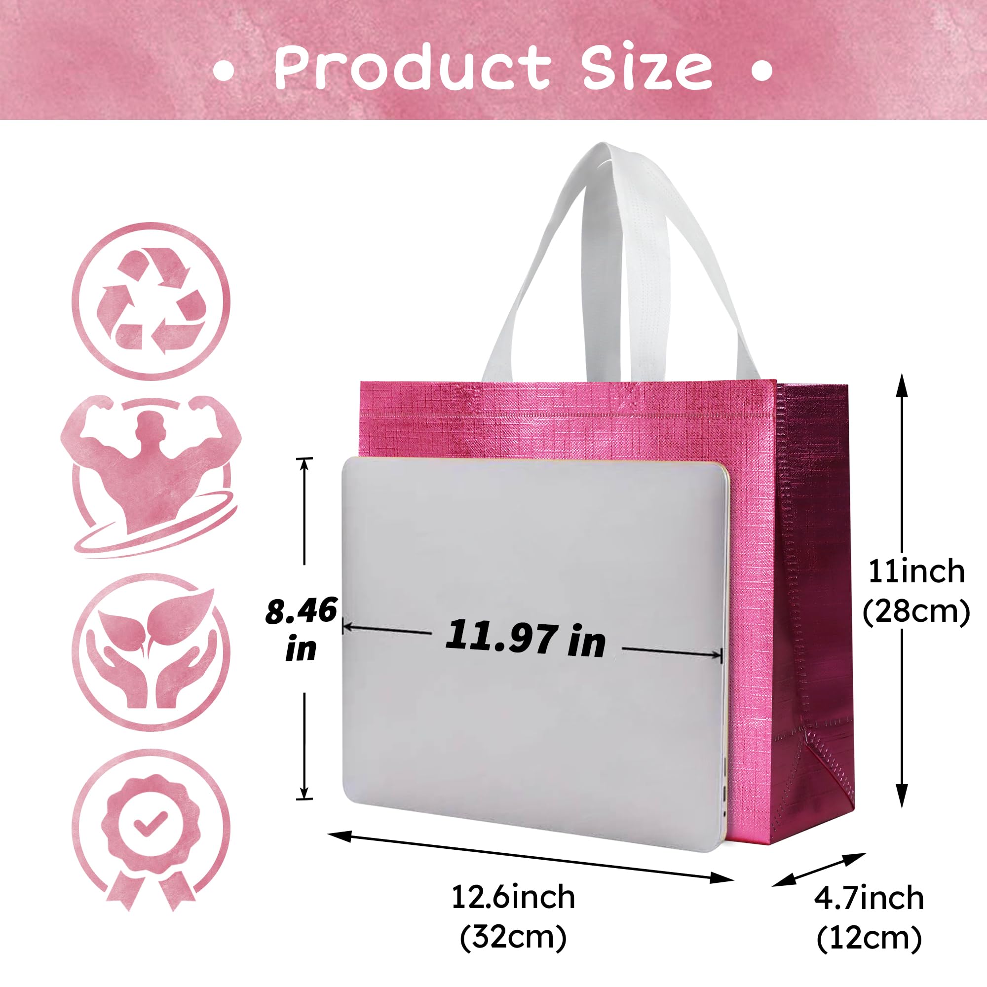 cabzymx 16 Pcs Pink Reusable Gift Bags, Metallic Bling Design Holiday Gift Bag with Handles & Bases, Non-woven Goodie Bag Bulk for Birthday, Wedding, Parties, Graduation- 12.6x4.7x11 In