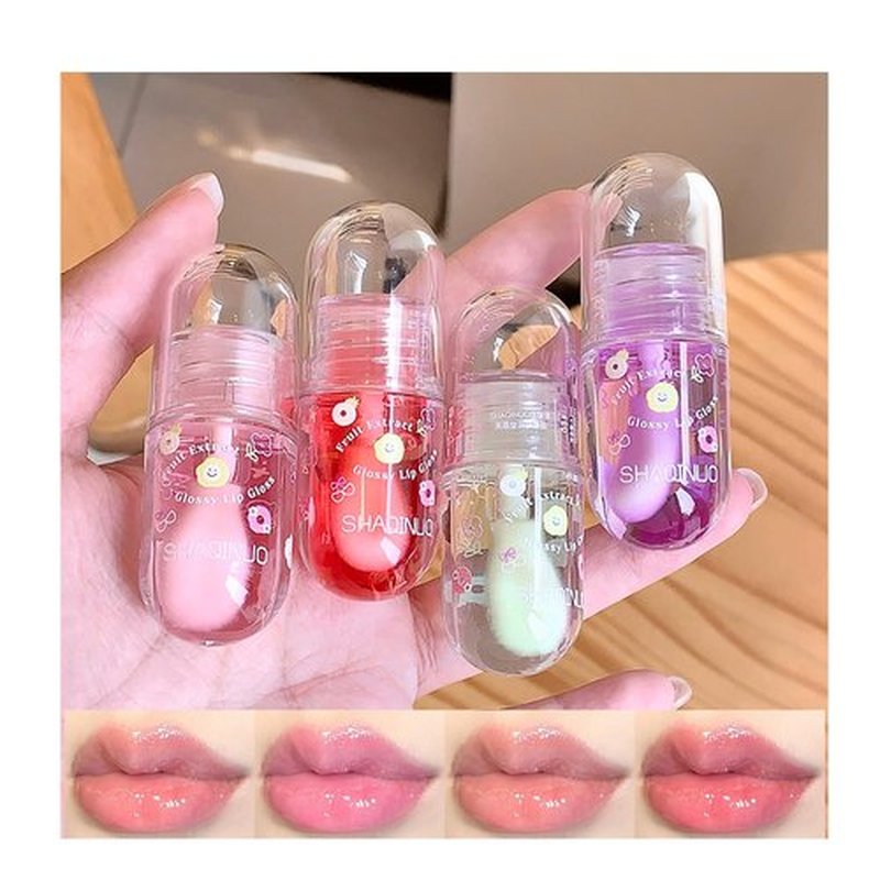 DENESTUP 4 Pcs Lip Gloss Oil Set, Fruit Flavored Lip Gloss Set Cute Lip Jelly Hydrating Lip Make-Up for Women, Party Gift, Non-toxic