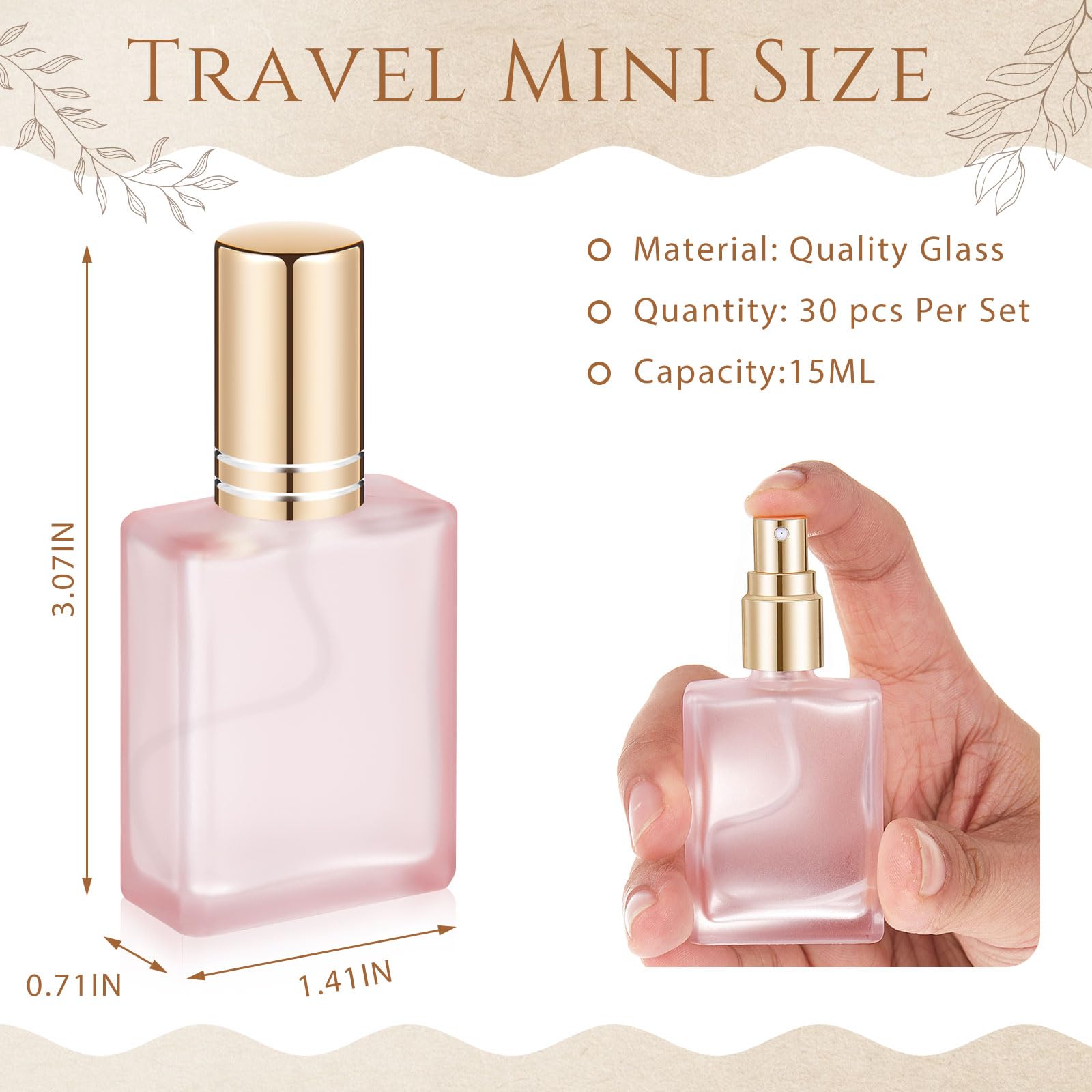Domensi 30 Pcs 10/15/30/50 ml Glass Square Perfume Bottles Mini Glass Empty Spray Atomizer Bottles Bulk Refillable Perfume Dispenser Container with Pump Tool for Travel (15 ml,Folral Color)