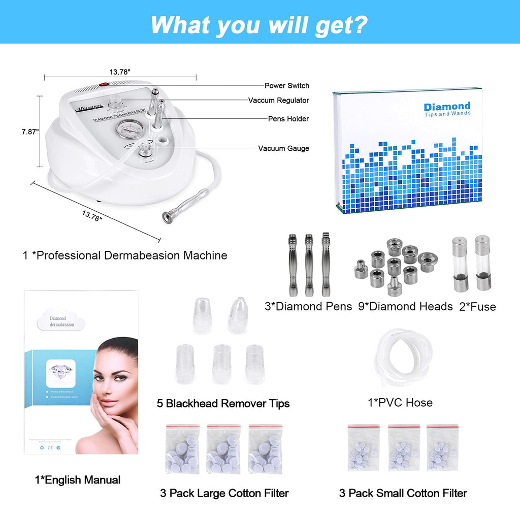 2 in 1 Diamond Microdermabrasion Machine Professional Blackhead Removal Equipment, 65-68cmHg Suction Power Professional Dermabrasion Facial Skin Care Massager for Home Salon Use with 300 Cotton Filter