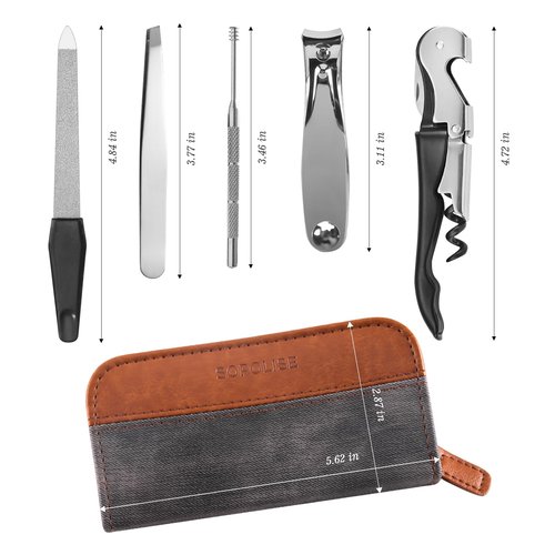 Manicure Set 5-Piece with PU Leather Case - Stainless Steel Nail Clipper Kit Includes Nail Clipper, Nail File,Tweezers, Ear Spoon & Wine Opener Tools for Home&Travel&Gift