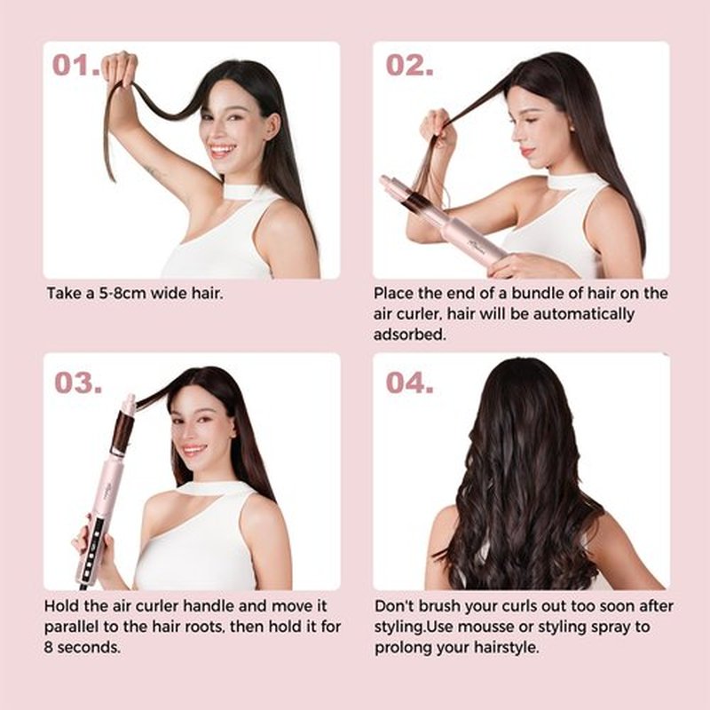 Atopskins 8-in-1 Hair Dryer Brush & Hot Air Styler, 110,000 RPM Blow Dryer Brush Foldable LCD Display, 4 Heat Settings Auto Curler Fast Drying Curling Straightening for Salon & Travel (Pink)