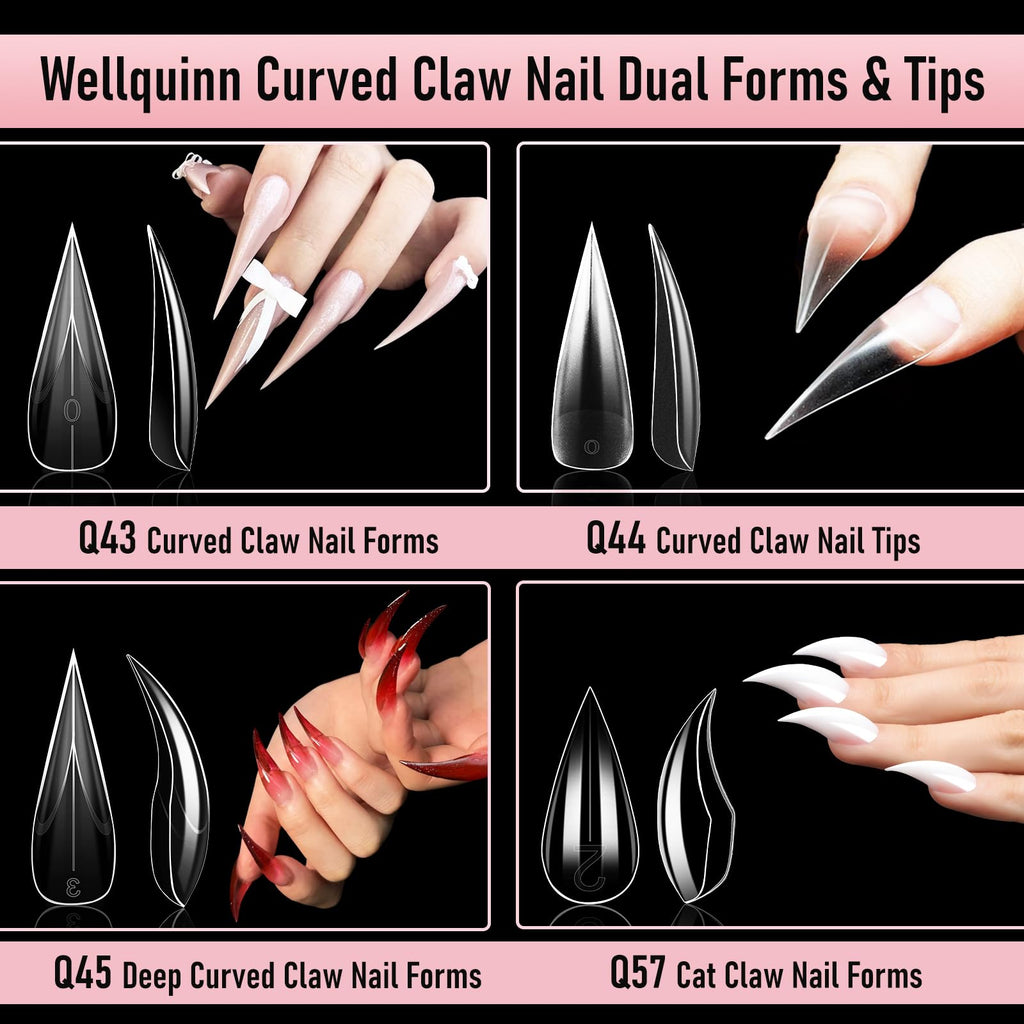 Wellquinn Short Cat Claw Curved Stiletto Nail Dual Forms for Extension, Sculptural Eagle Hawk Acrylic Nails Reusable Full Cover Mold Suitable for Polygel Solid Hard Builder Gel 280Pcs 14 Sizes Q57