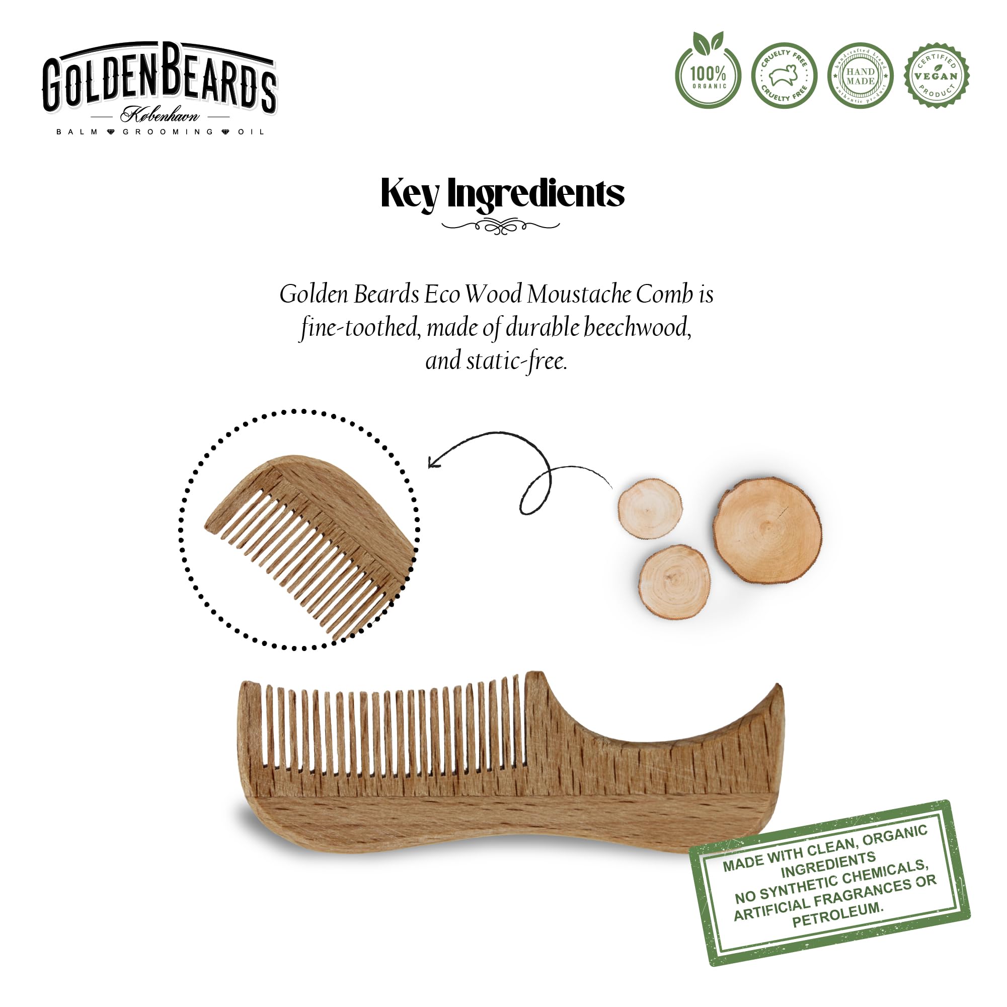 Golden Beards Moustache Wax & Eco Wood Vegan Comb Kit – Medium Hold Wax with Lime Scent & Eco Wood Comb 2.5 in – Handmade, Vegan, Cruelty-Free Moustache Styling Set