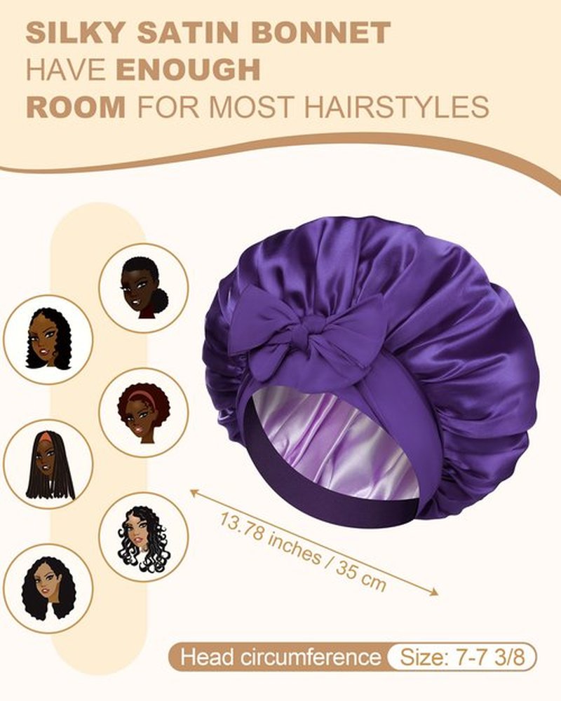 Satin Bonnet for Women Silk Bonnets for Sleeping Curly Hair Bonnet with Elastic Tie Band Reversible Double Layer Sleep Cap Hair Wrap (Purple)
