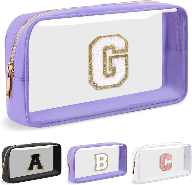 UIXIZQ Personalized Initial Letter Clear Makeup Bag - Preppy Nylon & PVC Cosmetic Zipper Bag | Travel Toiletry Organizer for Teen Girls & Women, Monogrammed Gift (G)