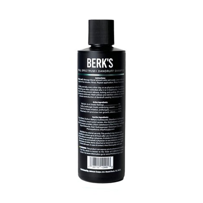 Berk's Medicated Coal Tar Dandruff Shampoo – Triple Action Formula with 3% Salicylic Acid & 1.5% Sulfur – Full Spectrum with Rosemary Oil – Flake & Itch Control – 8 Fl Oz