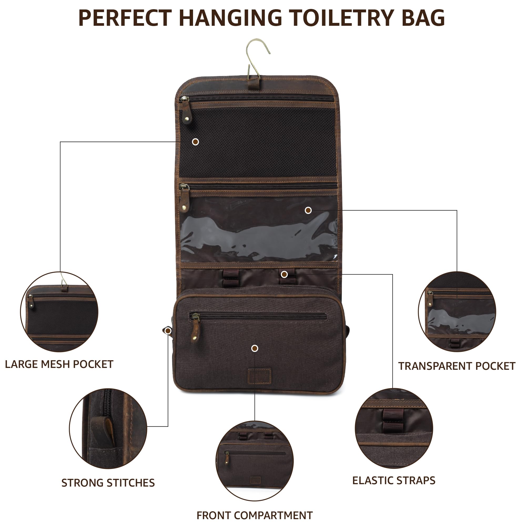 LEATHER VILLAGE Hanging Genuine Leather Toiletry Bag for Men & Women with Waterproof Lining – Handcrafted Vintage Travel Dopp Kit, Shaving Organizer & Shower Bathroom Essentials Case - Brown