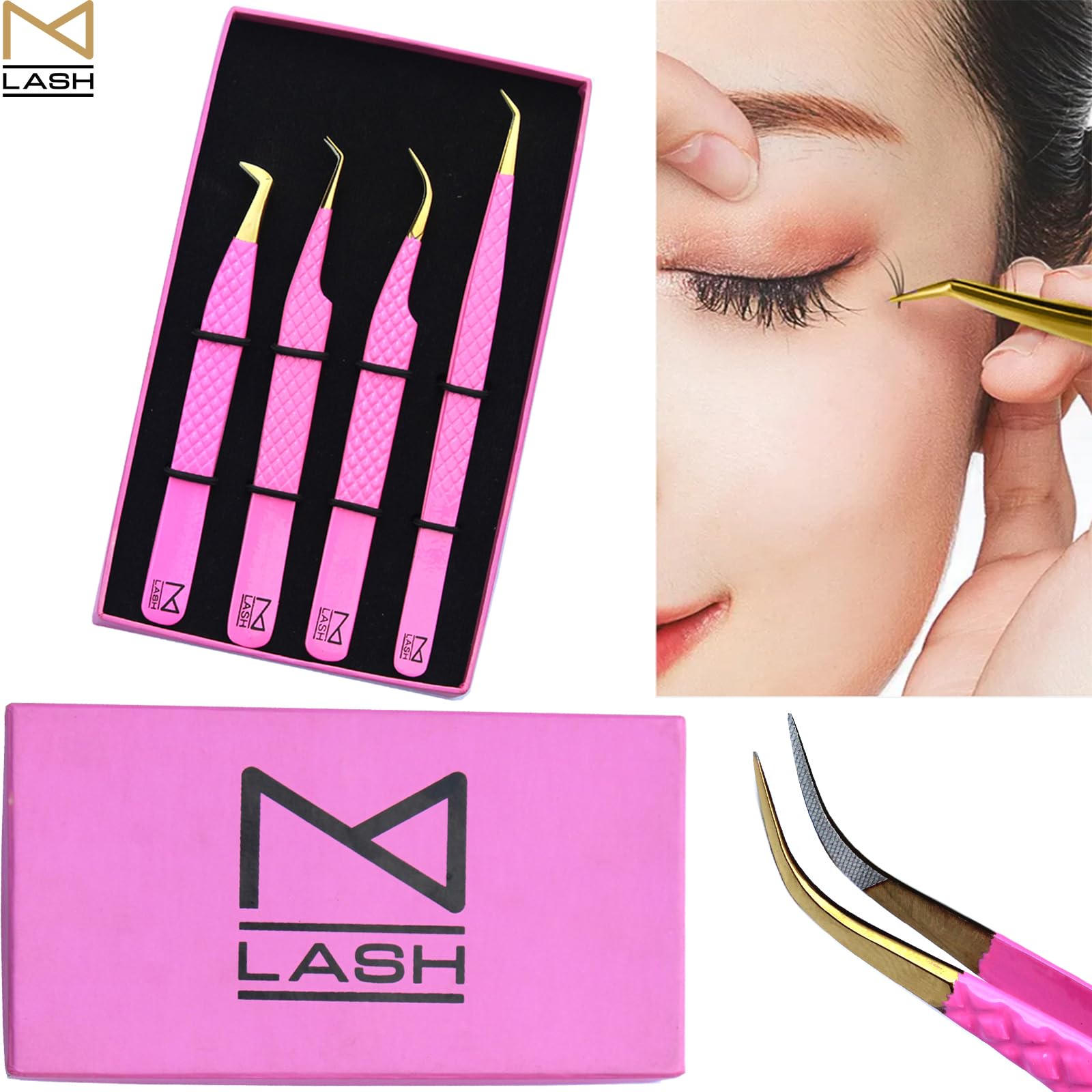 M LASH Tweezers for Eyelash Extensions (Set of 4) - Professional Lash Extension Tweezers - Fiber Tip, Japanese Steel, Diamond Grip Eyelash Extension Tweezer (Matte Black)