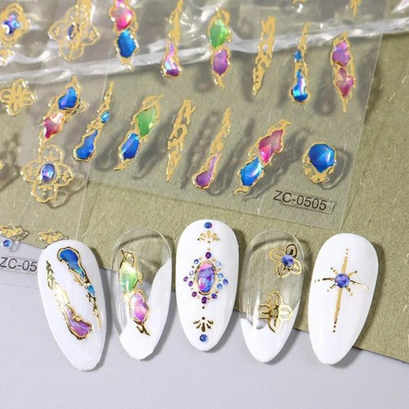 5D Gem Nail Art Sticker Decals Self Adhesive Crystal Rhinestone Embossed Nail Stickers Gem Design 5 Sheet