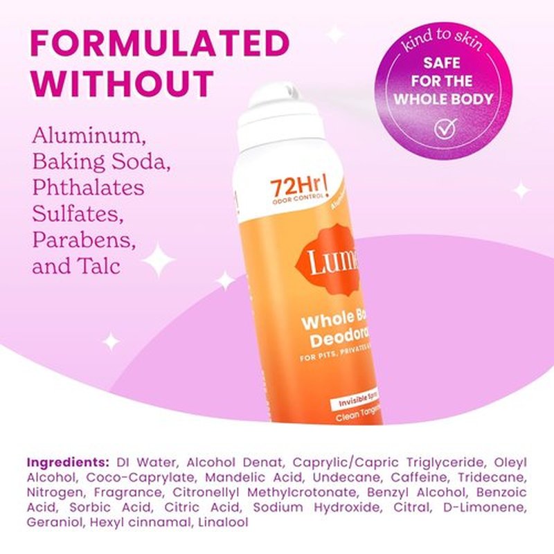 Lume Invisible Spray Deodorant For Women - 72 Hr Odor Control - Aluminum Free & Skin Loving - 3.6 oz Clean Tangerine