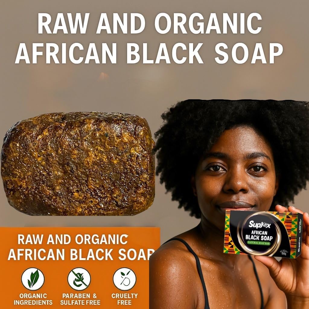 Suplox African Black Soap Bar – African Soap for oily Skin, Ghana Black Face & Body Wash | Face and Body moisturizing cleanser 1 Count.