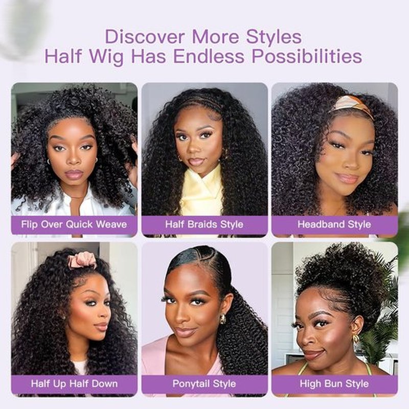 Ali Grace 20 Inch 250% Density Kinky Curly Half Wig Human Hair 3 In 1 Drawstring Seamless Flip Over Half Wigs For Women Glueless Wigs Beginner Friendly Half Curly Human Hair Wig Natural Black