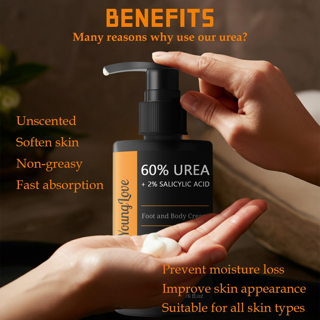 YOUNGYOUNGLOVE Fragrance Free 60% Urea Cream plus 2% Salicylic Acid, for Dry Cracked Hands Knees Feet Heels, Repair Unscented Foot Cream for Dead Skin, Lotion for Moisturizing and Softening 6.76 OZ
