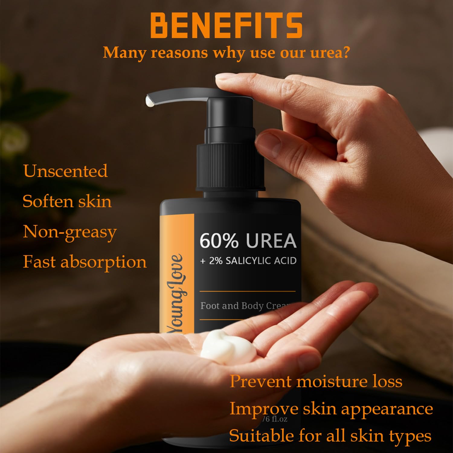 YOUNGYOUNGLOVE Fragrance Free 60% Urea Cream plus 2% Salicylic Acid, for Dry Cracked Hands Knees Feet Heels, Repair Unscented Foot Cream for Dead Skin, Lotion for Moisturizing and Softening 6.76 OZ