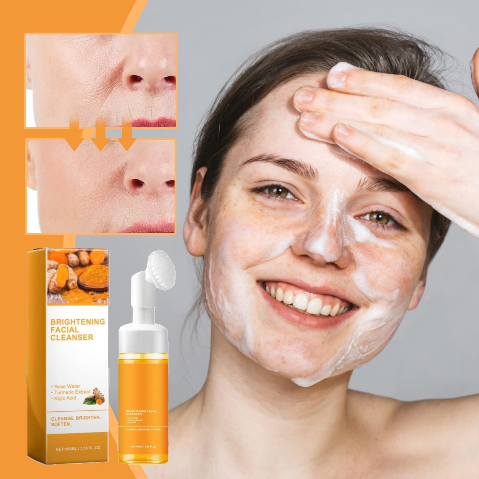 Turmeric Wash and Care Three Piece Set, Tuemeric Facial Cleanser With Brush, Turmeric Face Scrub Pads, Turmeric Soap Bar, Soap Foaming Net, Deep Cleansing Set for for Face and Body