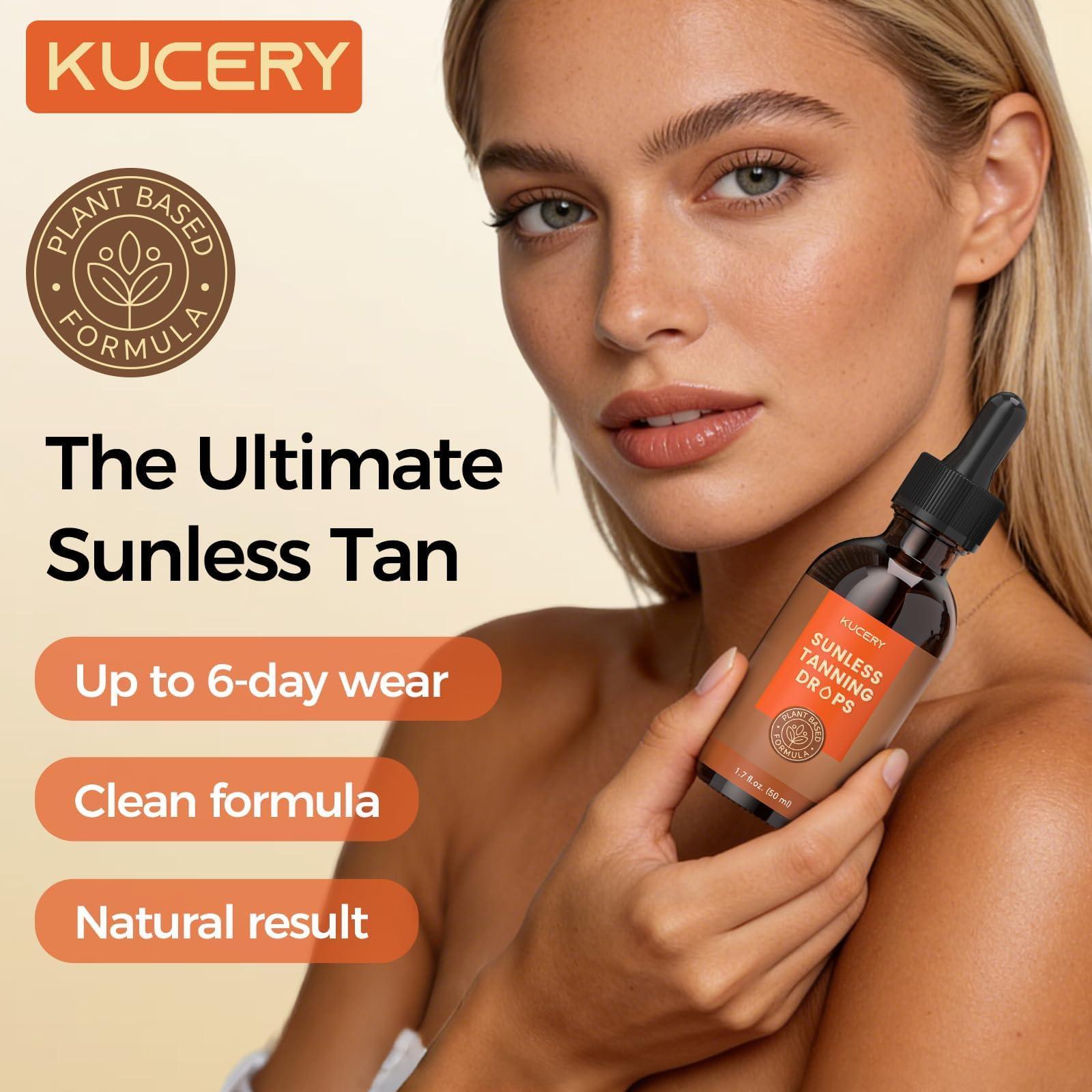 KUCERY Plant-Based Sunless Tanning Drops for Face & Body | Customizable Streak-Free Bronzing Serum with Natural Botanical Ingredients, Buildable Self-Tan Glow, 1.7 fl oz