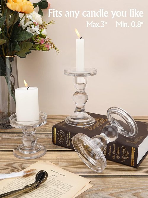 Lewondr Glass Candle Holders - Elegant 3-Piece Crystal Clear Set for Pillar & Taper Candles | Home Décor