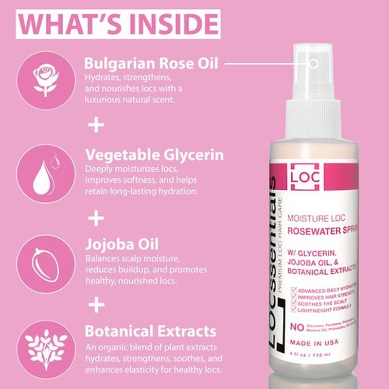 LOCssentials Rose Water for Locs – Rosewater and Glycerin Loc Moisturizer Spray with Jojoba Oil & Organic Botanical Extracts, Premium Braid Spray, Daily Hair Mist & Scalp Moisturizer
