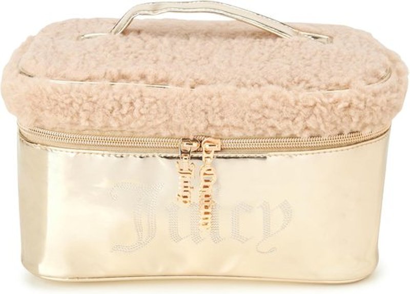 Juicy Couture Gold Makeup Bag - Shiny Rhinestones Travel Organizer | Faux Shearling Design