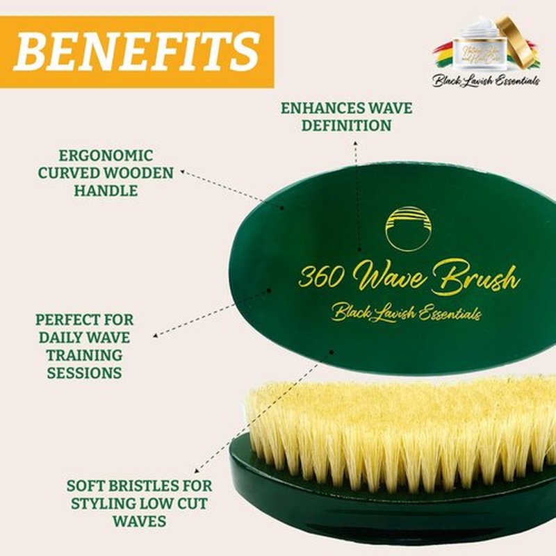 360 Wave Brush, Build Deeper Waves, Soft & Hard Boar Bristle Curved Brush, Black Lavish Essentials Signature (Soft, Emerald Green)