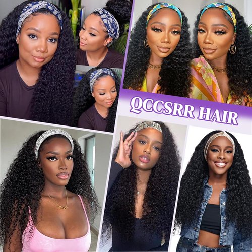 QCCSRR Headband Wig Human Hair Curly 18 Inch Glueless None Lace Front Deep Curly Wig Wear and Go Wigs for Black Women Machine Made Headband Half Wigs 180% Density Natural Color