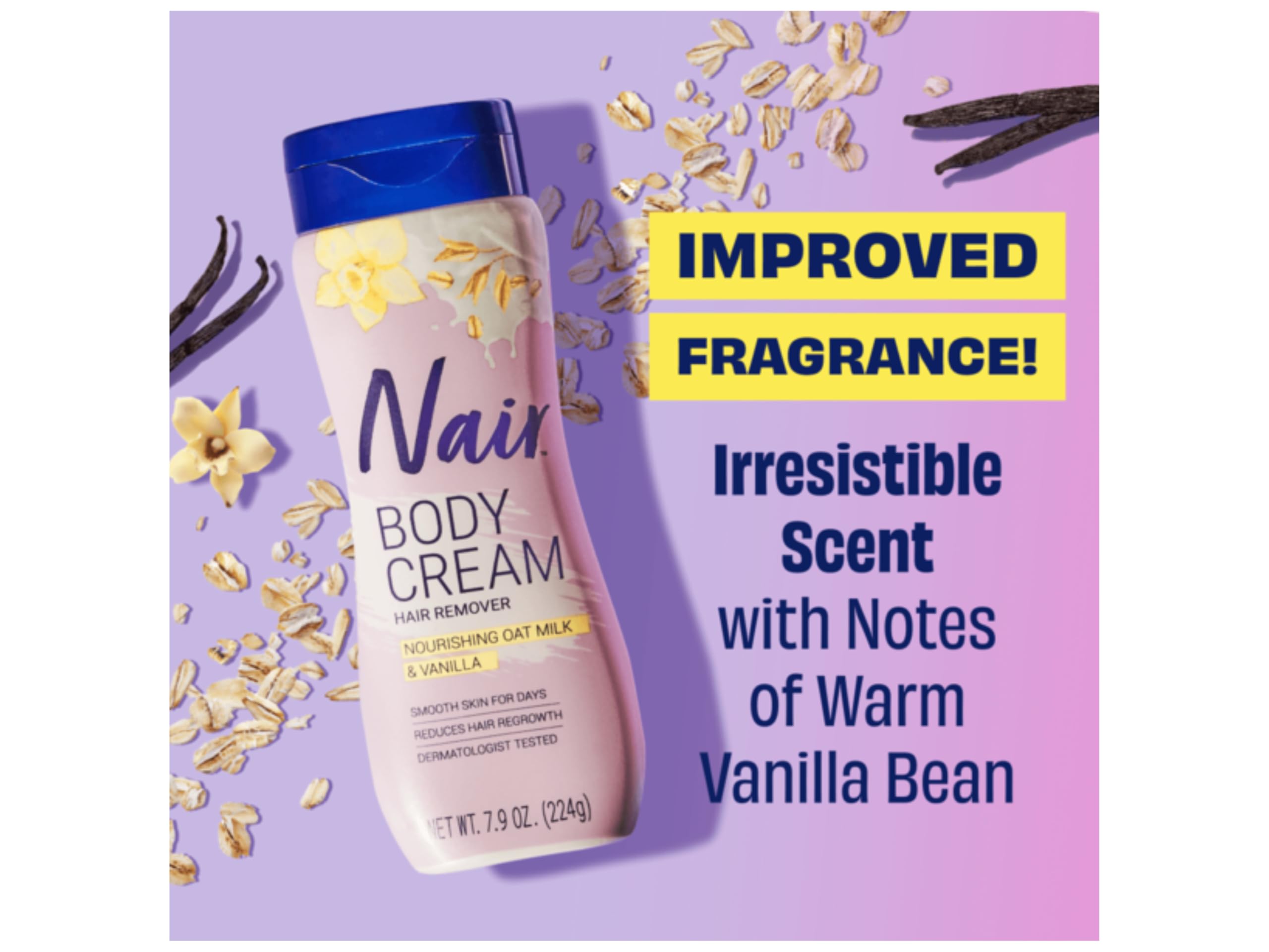 Nair Nourishing Oat Milk & Vanilla Body Cream, Hair Remover 7.9 Oz (224g), White