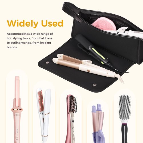 JKAOO Hair Tools Travel Bag and Heat Resistant Mat, 2 in 1 Portable Organizer Hair Travel Case for Curling Iron, Hair Straightener, Flat Irons, PU Hangable Handle, Neoprene (Elegant Black)