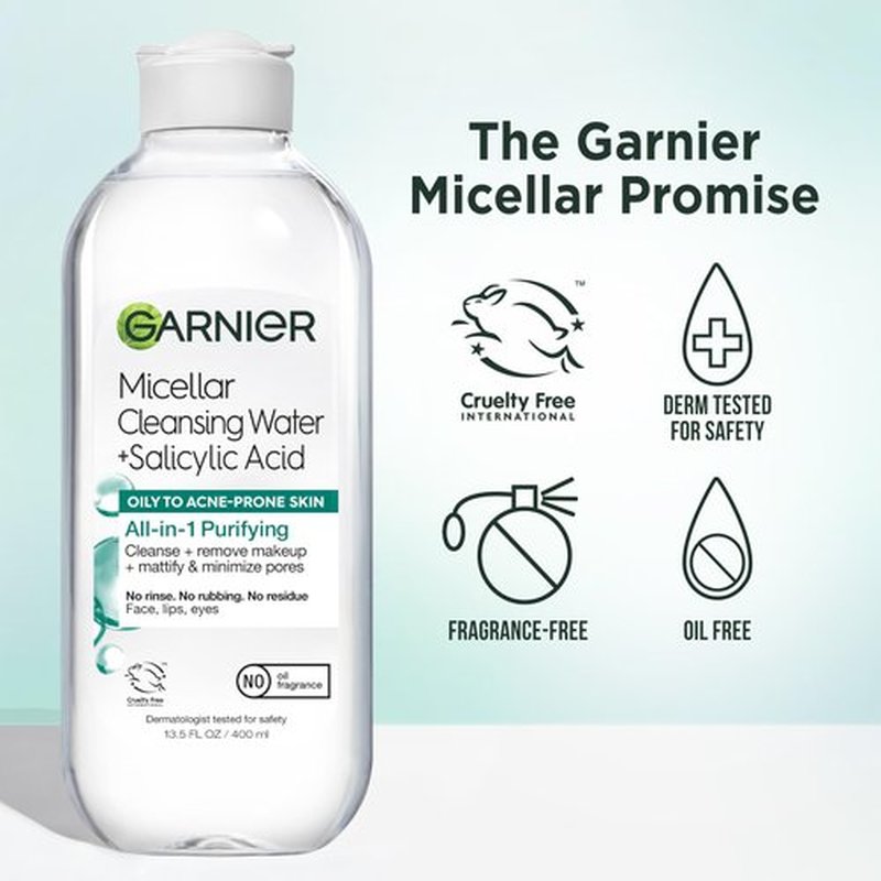 Garnier Micellar Water with Salicylic Acid, All-in-1 Mattifying Facial Cleanser and Makeup Remover for Oily and Acne Prone Skin, 13.5 Fl Oz, Pack of 2