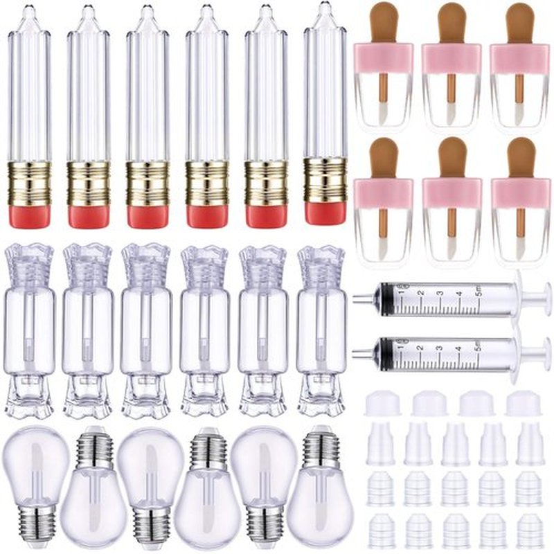 Maitys 28 Pieces Transparent Empty Lip Gloss Tube Containers Include 24 Pencil and Candy Shaped Oil Bottles Ice Cream Funny Light Bulb Balm Tube, 4 Plastic Syringe for Women Girls DIY