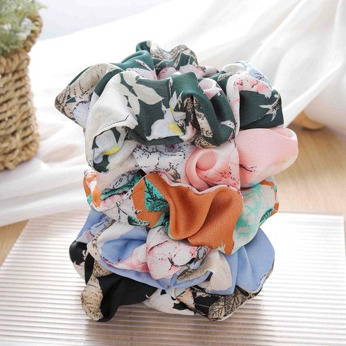 Jewemia Women's Silk Satin Floral Printed Scrunchies - Elastic Hair Ties and Accessories Gift Set for Thick Curly Hair, 5 Colors